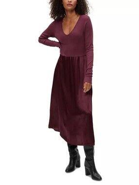 Michael Stars Sutton V-Neck Mixed Media Midi Dress Beetroot Medium NWT